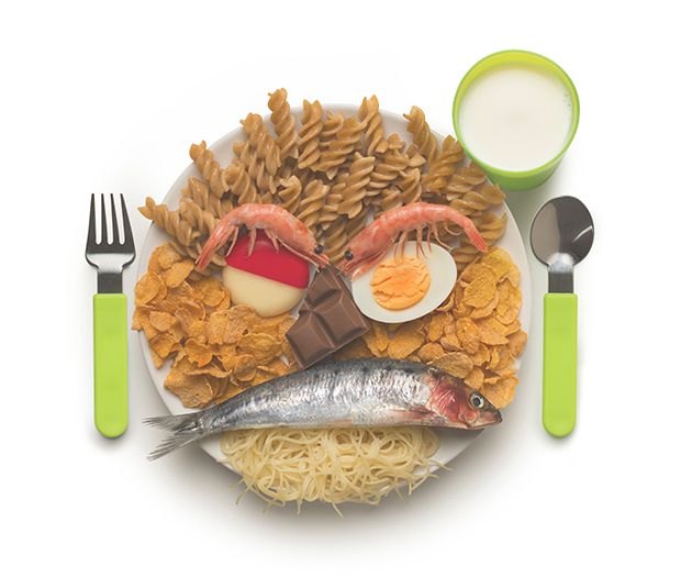 A plate of food illustrating the food pyramid: vegetables, fruits, grains, protein, and dairy