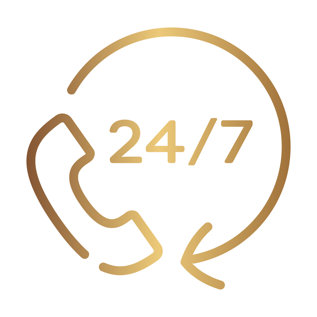 Illustration of a phone and a round arrow rotating clockwise, numbers 24 & 7 in the centre in gold 