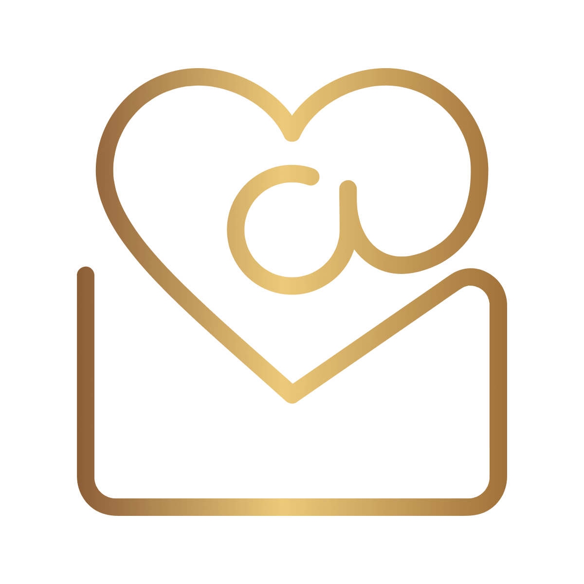 A gold symbol depicting an envelope, with a '@' Symbol at the top, in the shape of a heart 