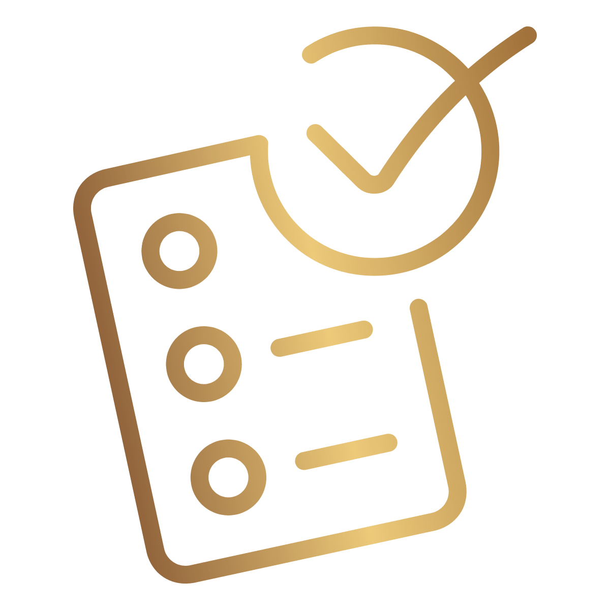 Gold symbol depicting a checklist, with a circle with a tick on the right hand corner
