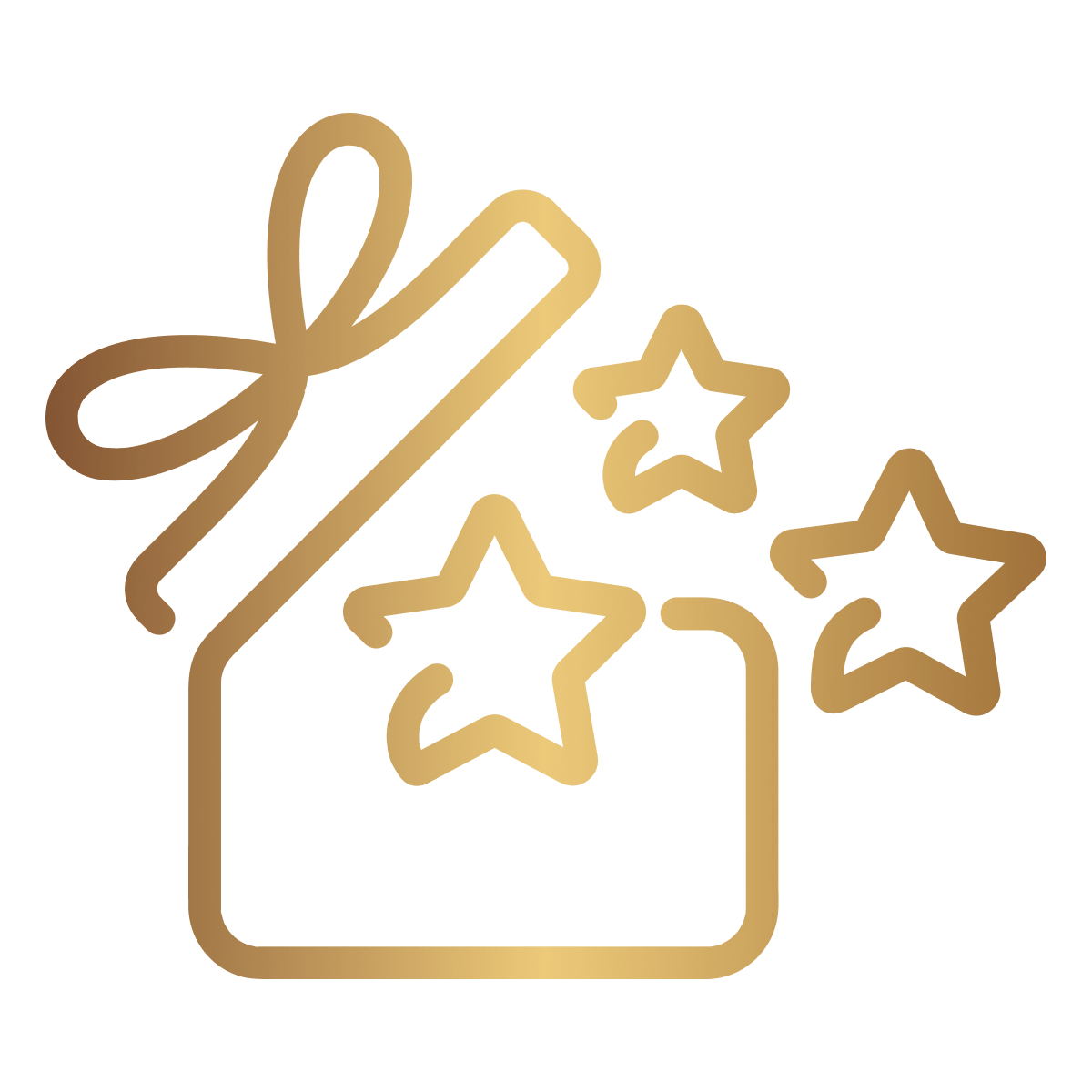 Gold symbol depicting an open box with a ribbon on top, with three stars coming out 