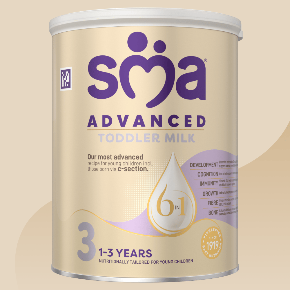 SMA Advanced Toddler Milk Powder for children 1-3 years, with a grey lid on a gold background