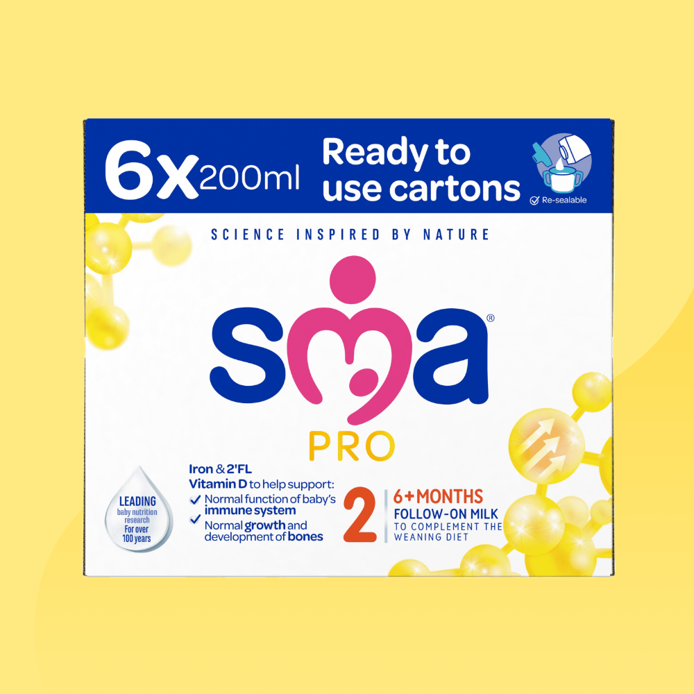 SMA Follow-on milk Ready to Drink Multipack 200ml for babies 6-12 months on a yellow background
