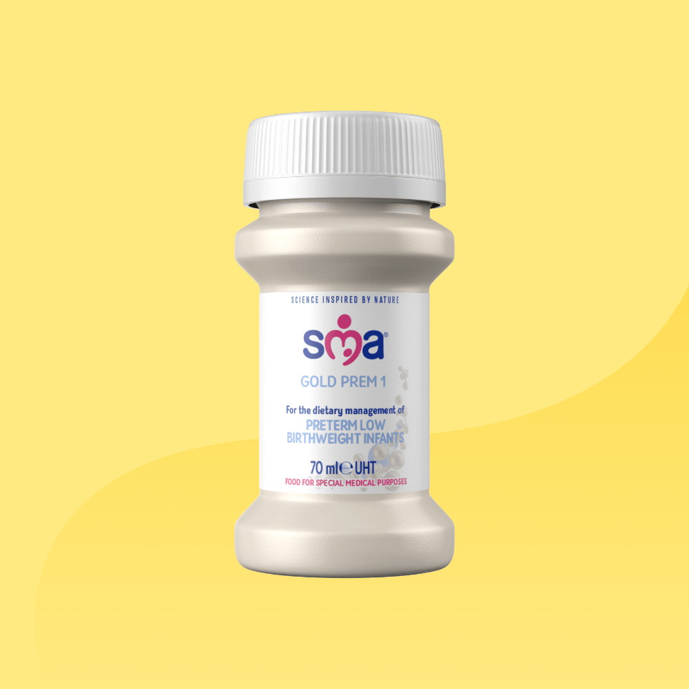Bottle of SMA Gold Prem 1 Formula 70ml in front of a yellow background
