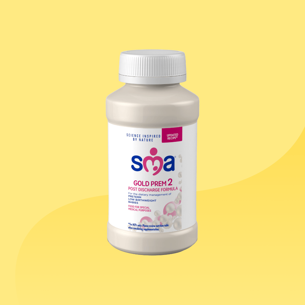 Bottle of SMA Gold Prem 2 Formula 200ml in front of a yellow background