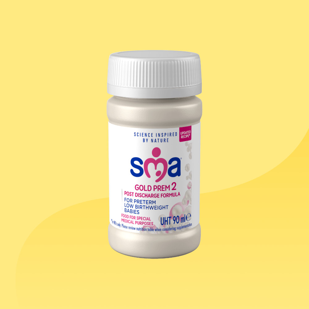 Bottle of SMA Gold Prem 2 Formula 90ml, in front of a yellow background