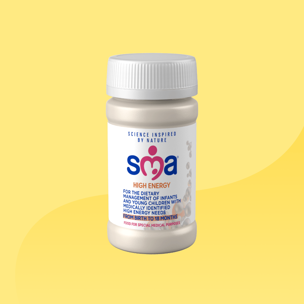 Bottle of SMA High Energy Ready to drink Formula 90ml on a yellow background 