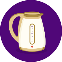 Illustration of white kettle in front of a purple circular background 