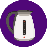 Illustration of white kettle with a grey handle and lid, in front of a purple circular background 