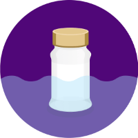 Illustration of a white bottle standing in water in front of a purple circular background
