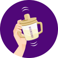 An illustration of a hand shaking a baby beaker, on a purple background.