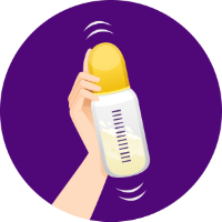 Illustration of a baby bottle filled with milk being shaken in front of a purple background