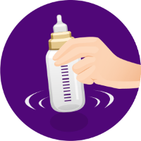 An illustration of a hand siwrling a baby bottle filled with milk, on a purple background.