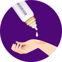 Illustration of a baby bottle of milk being poured on to a wrist, on a purple background.