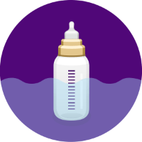 An illustration of a baby bottle standing in water, on a purple background.