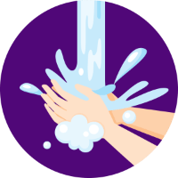 An illustration of the action of handwashing with soap, on a purple background.