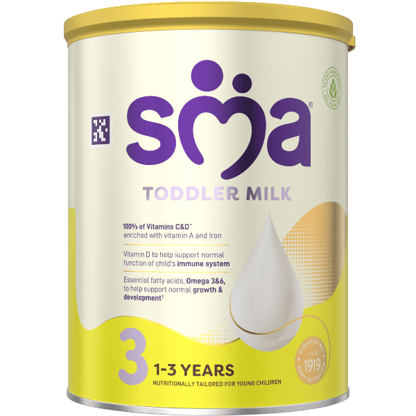 SMA Toddler Milk Powder for children 1 to 3 years, with a yellow lid on a transparent background